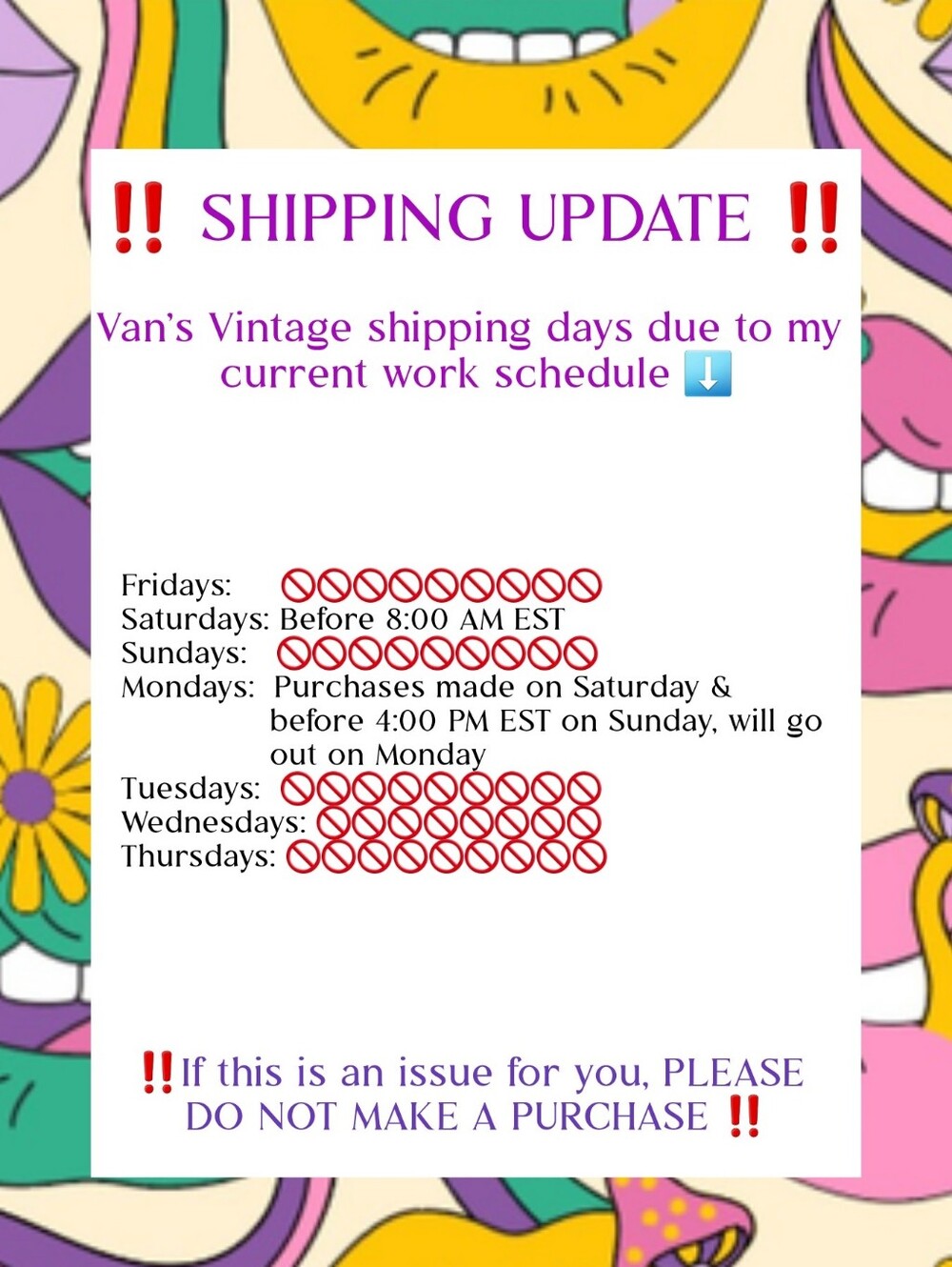 Van's Vintage Shipping Schedule